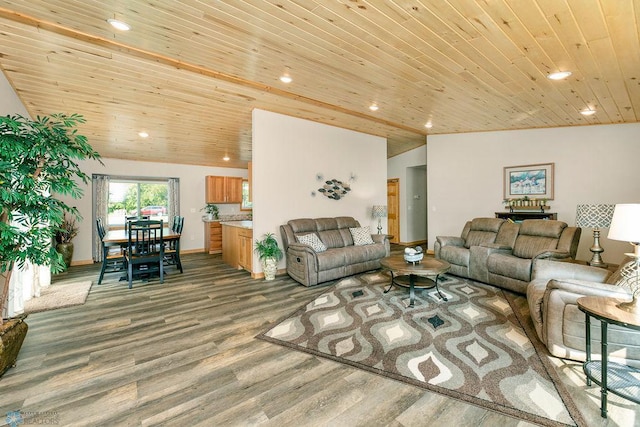 living room featuring lofted ceiling, hardwood / wood-style flooring, and wooden ceiling