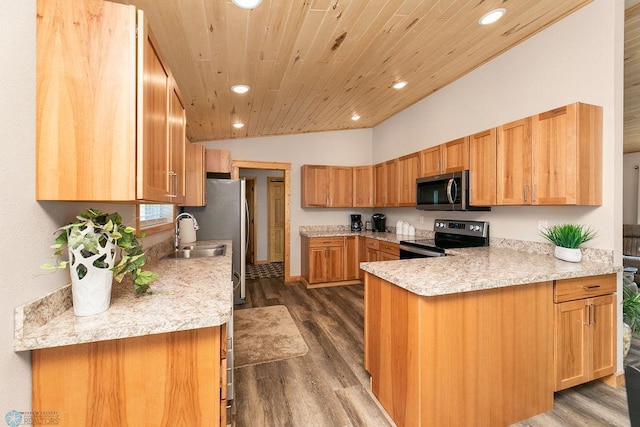 kitchen with dark hardwood / wood-style floors, wooden ceiling, sink, vaulted ceiling, and appliances with stainless steel finishes