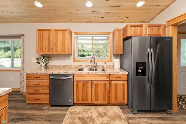 kitchen featuring wood ceiling, stainless steel appliances, sink, and wood-type flooring