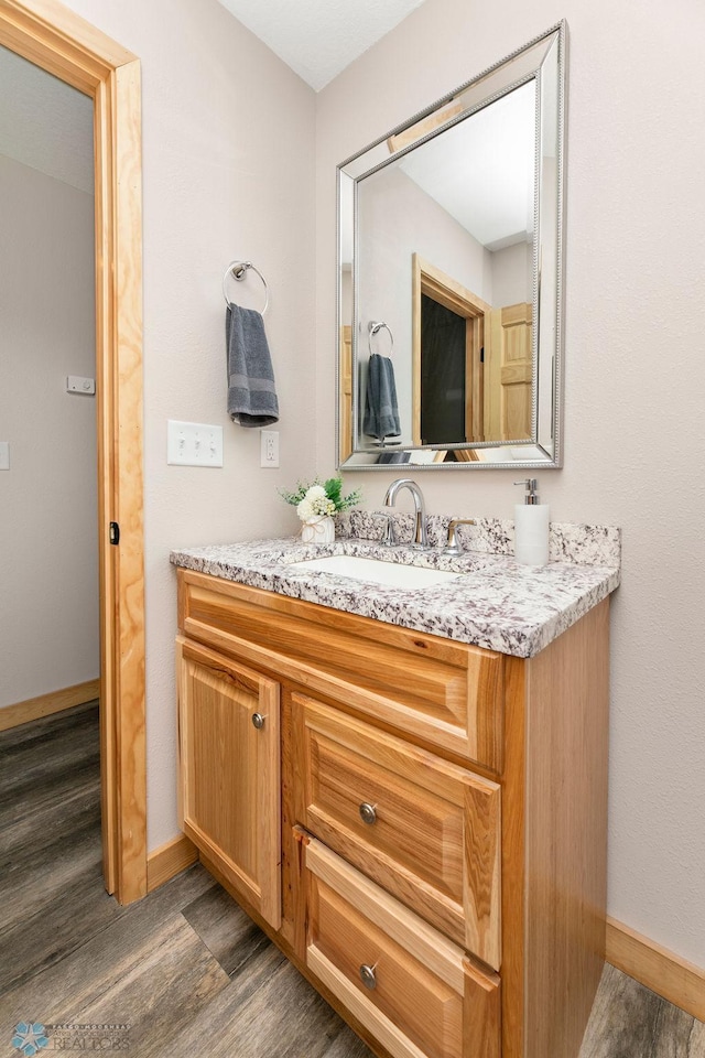 bathroom with vanity and wood-type flooring