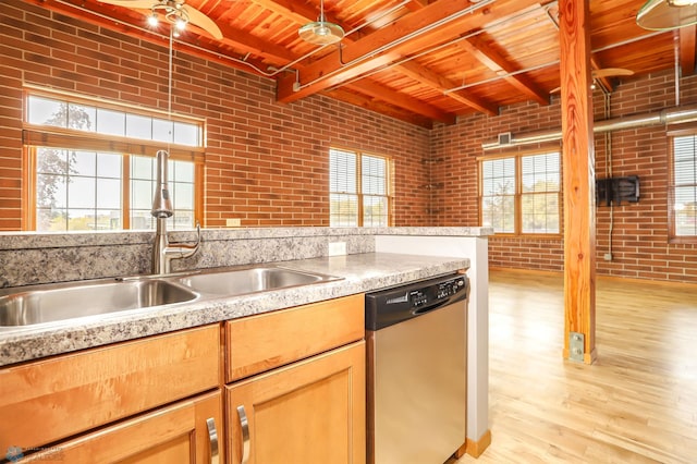 kitchen with wood ceiling, a healthy amount of sunlight, stainless steel dishwasher, and brick wall