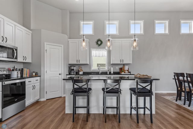 kitchen with stainless steel appliances, a wealth of natural light, and white cabinets