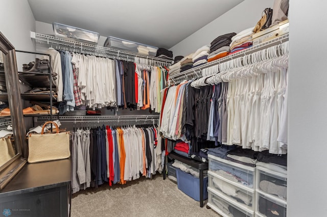 walk in closet with carpet flooring