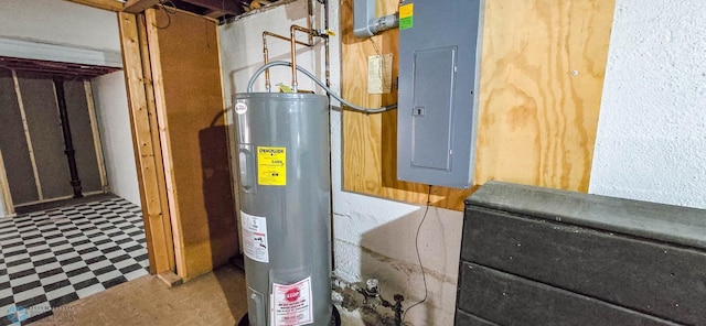 utility room featuring electric panel and water heater