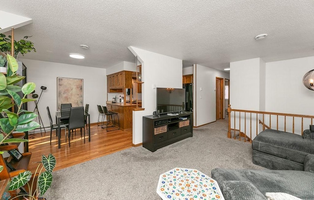 living room with a textured ceiling and light wood-type flooring