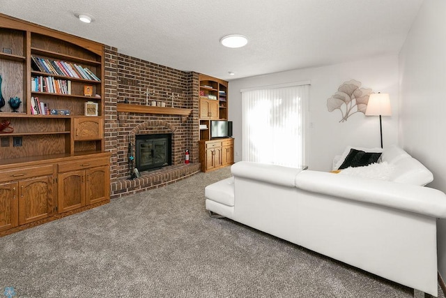 living room with carpet, a fireplace, and a textured ceiling