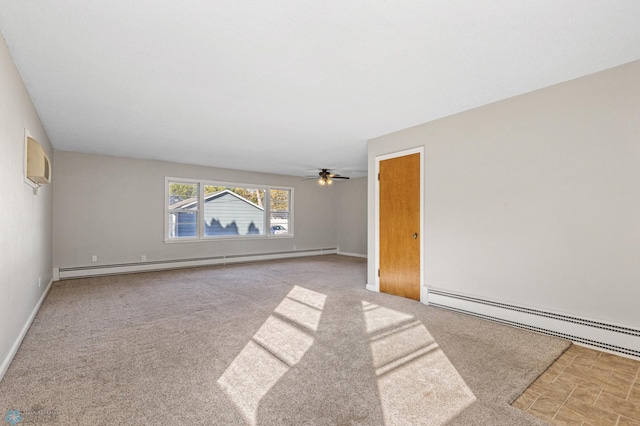 carpeted empty room featuring baseboard heating, an AC wall unit, and ceiling fan