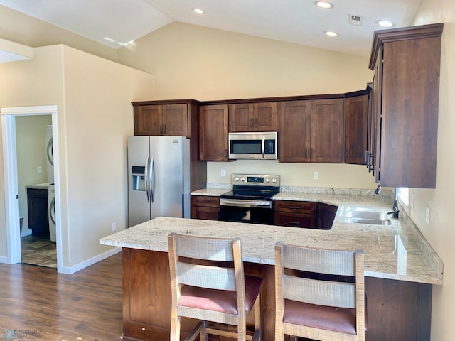 kitchen with lofted ceiling, light stone countertops, stainless steel appliances, and dark hardwood / wood-style flooring