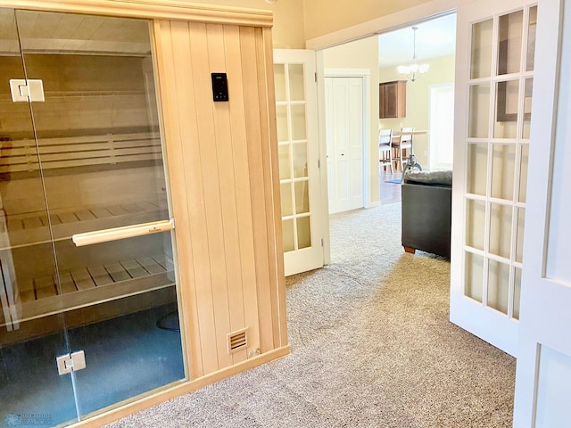 view of sauna with carpet floors