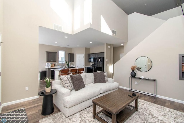 living room featuring a towering ceiling and hardwood / wood-style floors