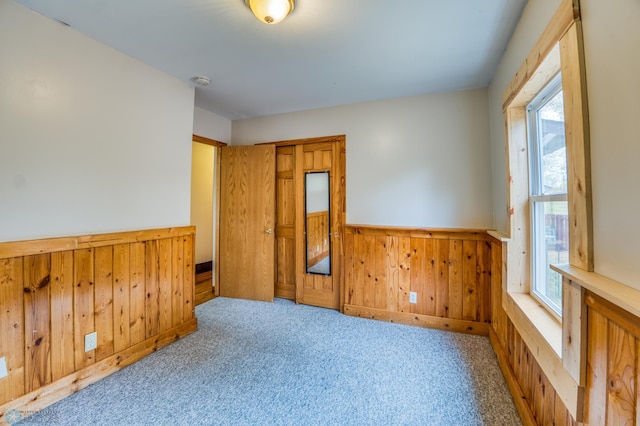 carpeted empty room with wooden walls and plenty of natural light