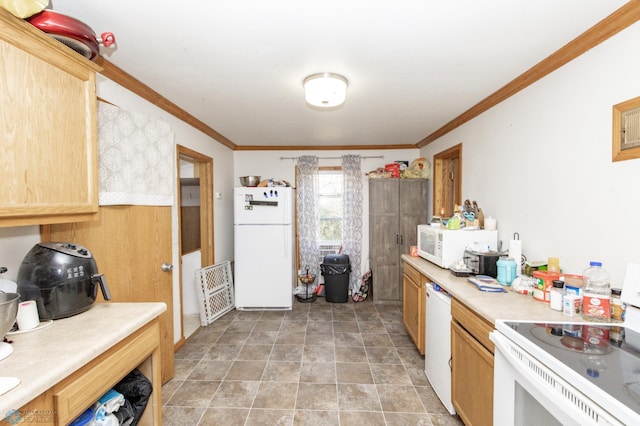 kitchen with crown molding, light brown cabinets, and white appliances