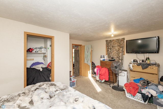 bedroom with a textured ceiling, carpet flooring, and a closet