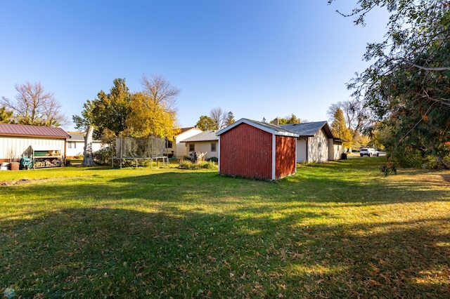 view of yard with a shed and a trampoline