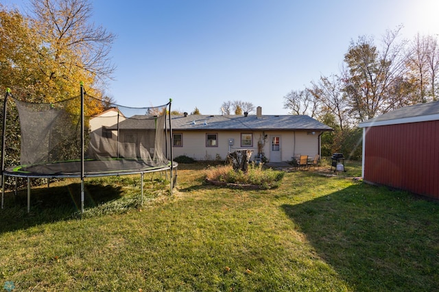 back of property with a yard and a trampoline