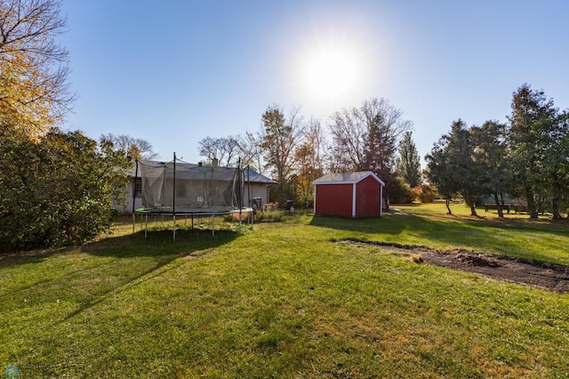 view of yard with a shed and a trampoline