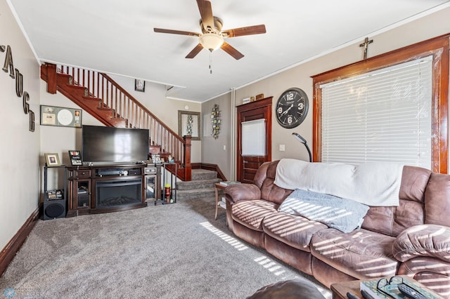 carpeted living room featuring ceiling fan and ornamental molding