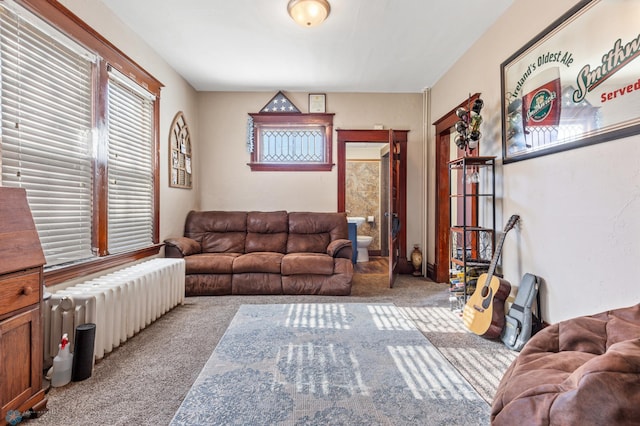 living room featuring light colored carpet and radiator