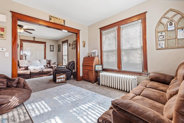 living room featuring radiator, ceiling fan, and light colored carpet