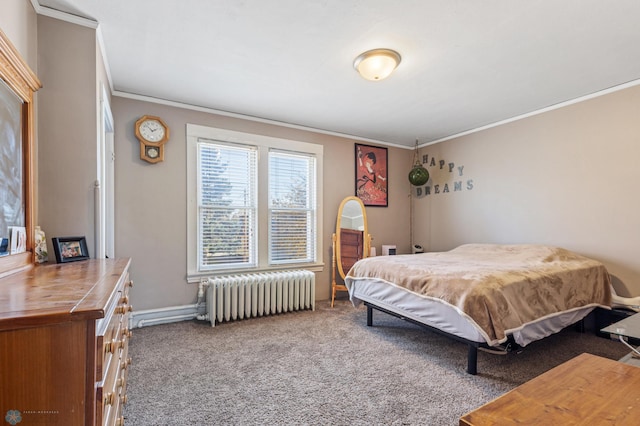 carpeted bedroom with ornamental molding and radiator heating unit