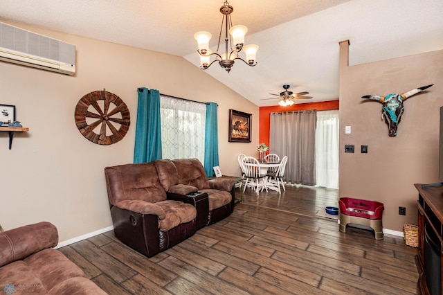 living room with dark wood-type flooring, an AC wall unit, vaulted ceiling, and a wealth of natural light