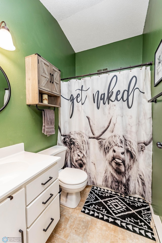 bathroom featuring vanity, a textured ceiling, toilet, and walk in shower