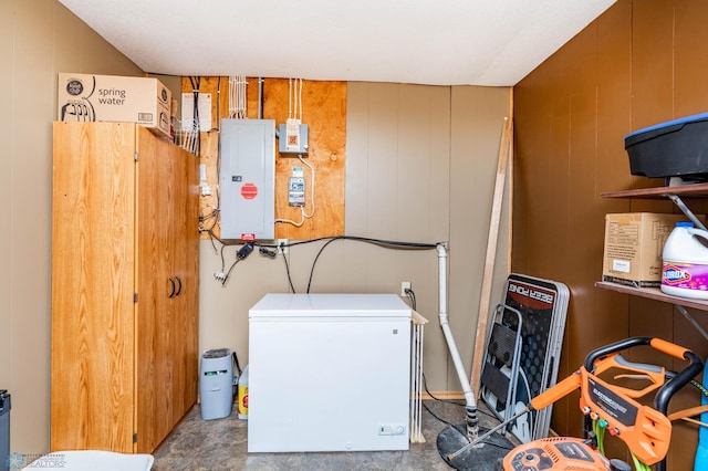 washroom with wood walls and electric panel