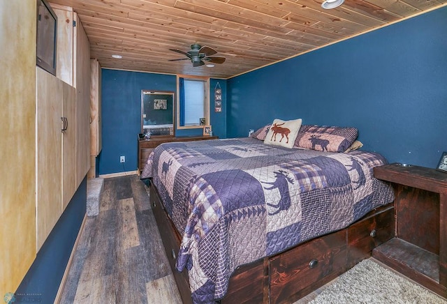 bedroom featuring wood ceiling, dark hardwood / wood-style floors, and ceiling fan