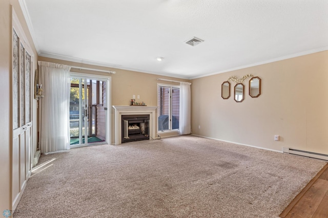 unfurnished living room with ornamental molding and carpet flooring