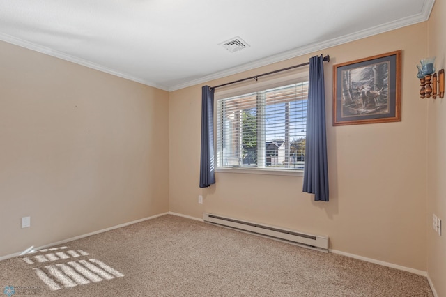 carpeted spare room featuring crown molding and baseboard heating