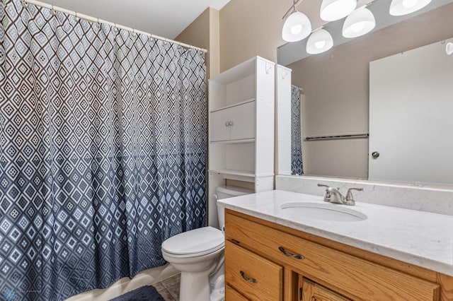 bathroom featuring vanity, toilet, tile patterned flooring, and a shower with shower curtain