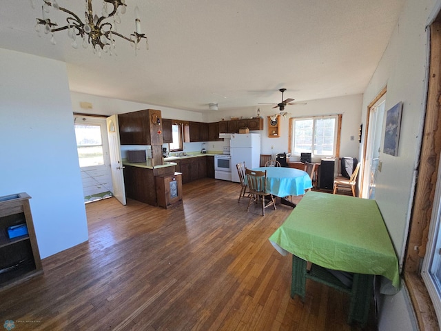 dining space with dark wood-type flooring, sink, and ceiling fan with notable chandelier