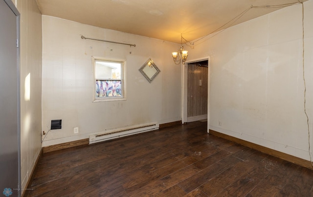 unfurnished room with dark wood-type flooring and baseboard heating