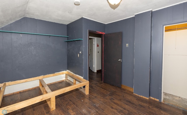 bedroom featuring dark wood-type flooring and vaulted ceiling