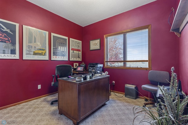 office space featuring light carpet and a textured ceiling