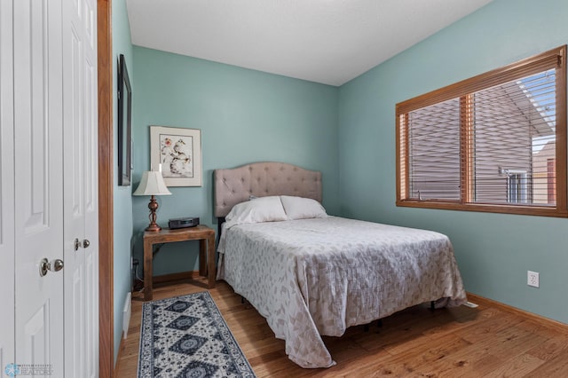 bedroom featuring wood-type flooring and a closet