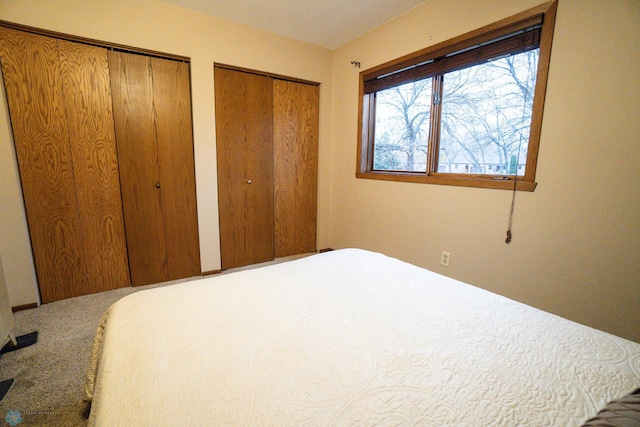 carpeted bedroom featuring multiple closets