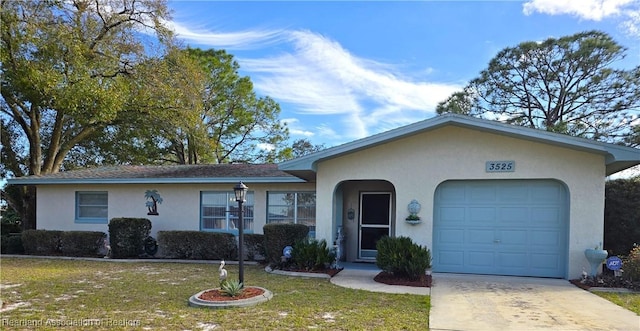 single story home with a garage and a front yard