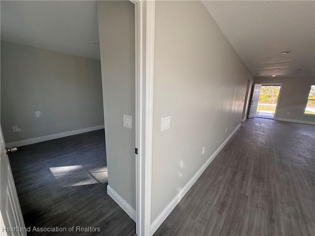 hallway with dark hardwood / wood-style flooring