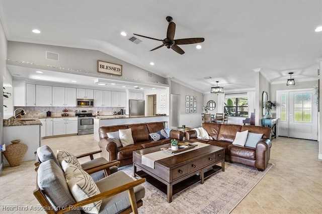130 Deanna Dr, Lake Placid, FL 33852 - living area featuring vaulted ceiling, a ceiling fan, ornamental molding, recessed lighting, and light tile patterned floors