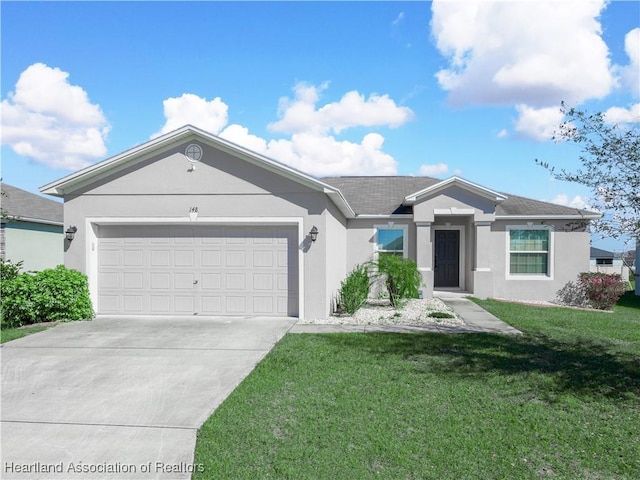 single story home with a garage and a front yard