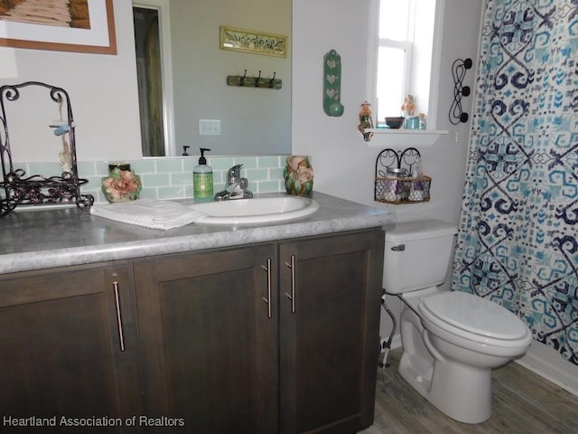 bathroom with vanity, wood-type flooring, tasteful backsplash, and toilet