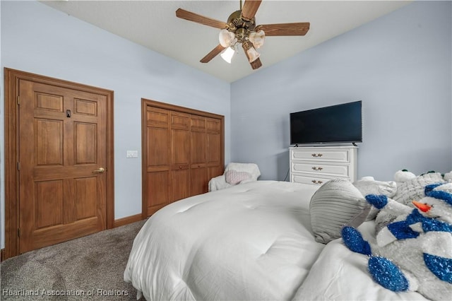 bedroom with carpet, a closet, and ceiling fan