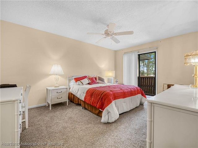 bedroom featuring access to exterior, carpet, ceiling fan, and a textured ceiling