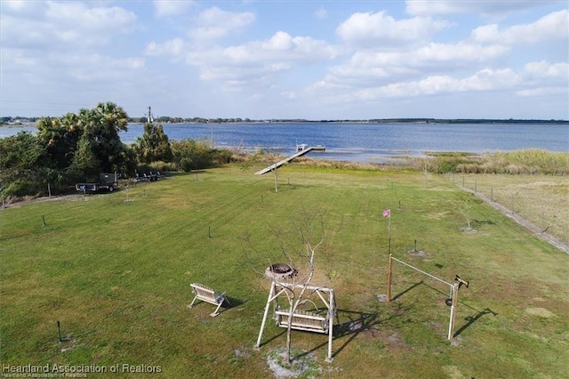 drone / aerial view featuring a water view