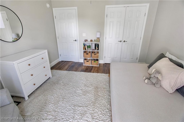 bedroom featuring dark hardwood / wood-style floors and a closet