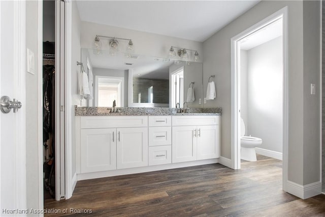 bathroom with vanity, wood-type flooring, and toilet