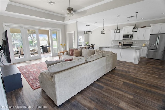 living room featuring dark wood-type flooring, ceiling fan, a tray ceiling, and sink