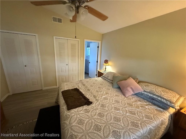 100 Daisy Ln, Lake Placid, FL 33852 - bedroom with lofted ceiling, multiple closets, wood finished floors, baseboards, and a ceiling fan