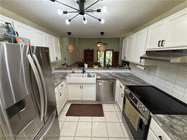 100 Daisy Ln, Lake Placid, FL 33852 - kitchen with stainless steel appliances, under cabinet range hood, a sink, a chandelier, and a textured ceiling
